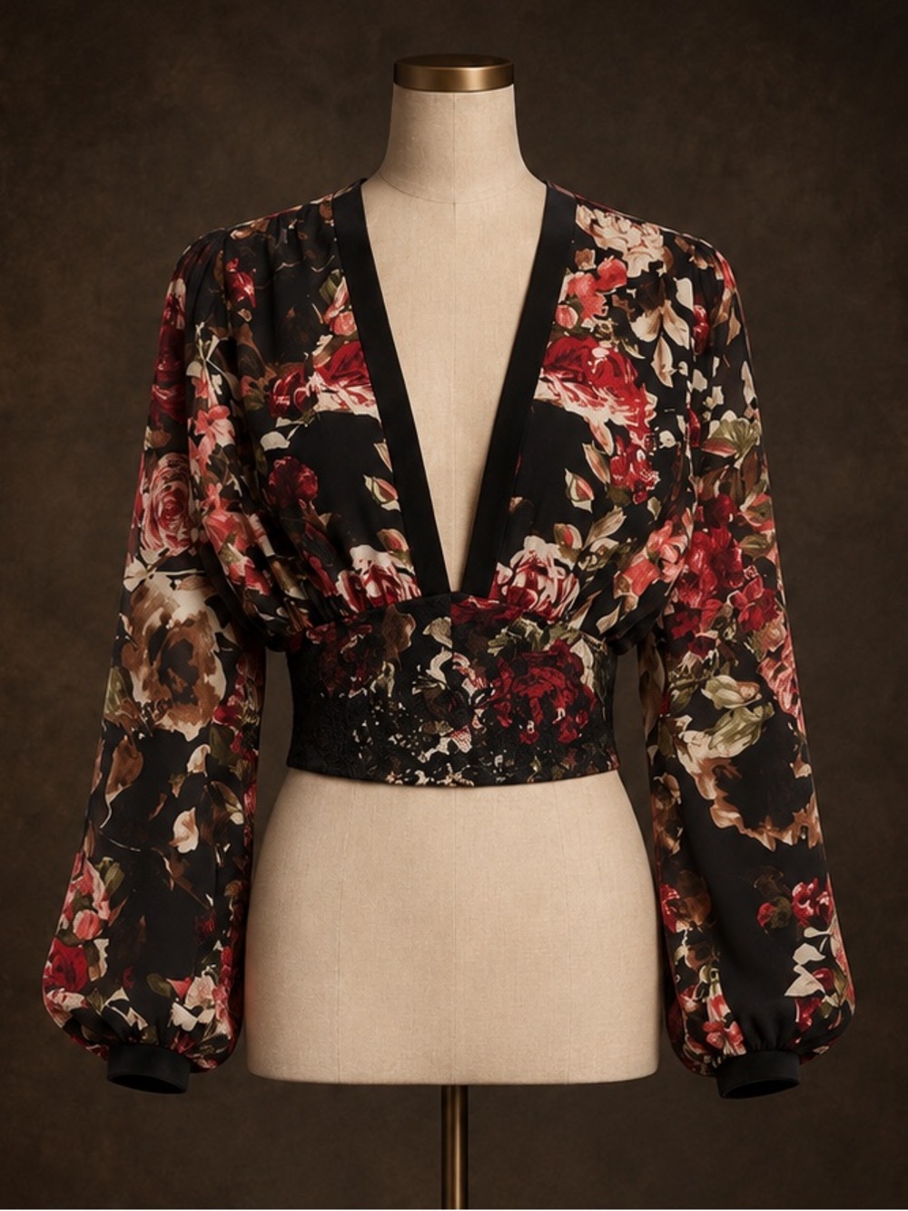 Divine Heritage Black Floral Deep V-Neck Cropped Blouse